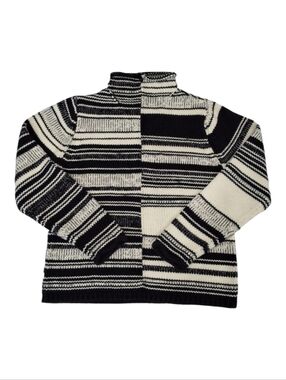 Northern Isles~Women VTG Stripe Yin Yang Mock Sweater~Cable Knit~Black White~MED